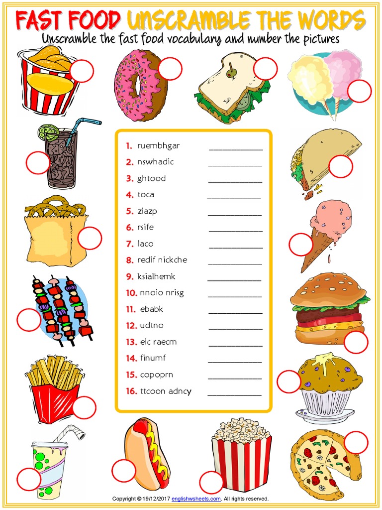 Fast Food Vocabulary Esl Unscramble the Words Worksheet for Kids