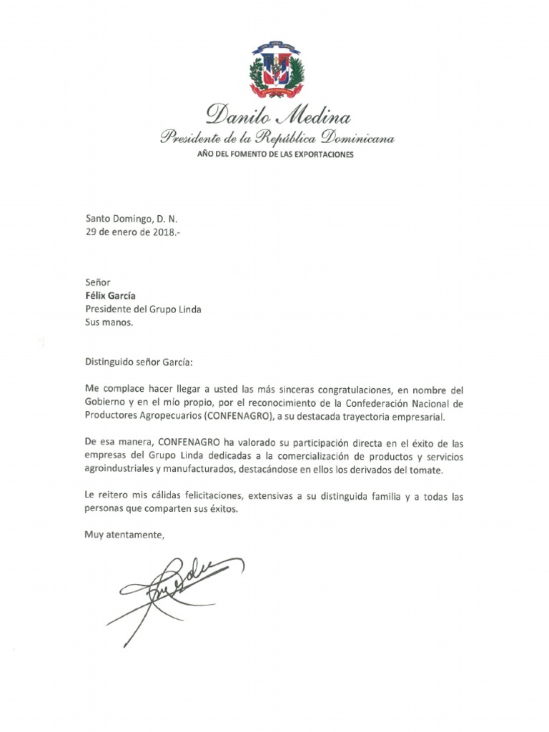 Carta de felicitación del presidente Danilo Medina a Félix 