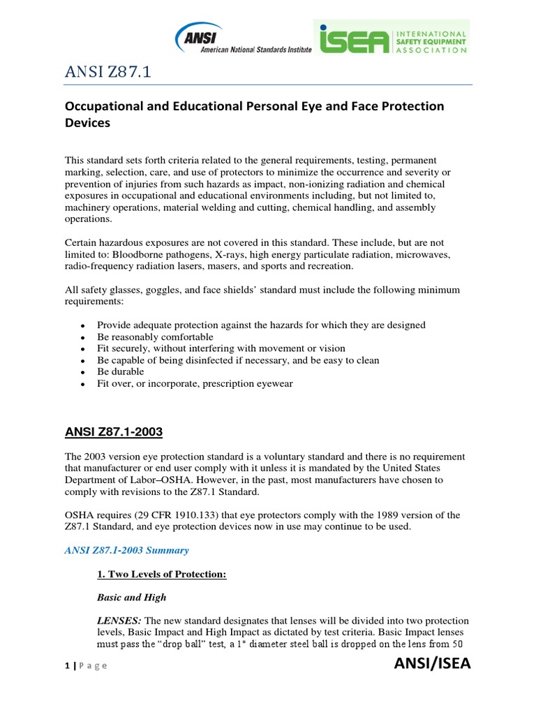 Ansi z87.1 PDF Glasses Personal Protective Equipment