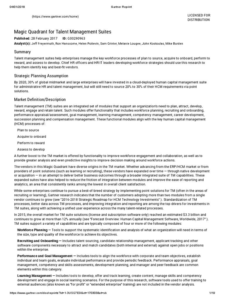 Gartner Reprint Magic Quadrant For Talent Management Suites PDF
