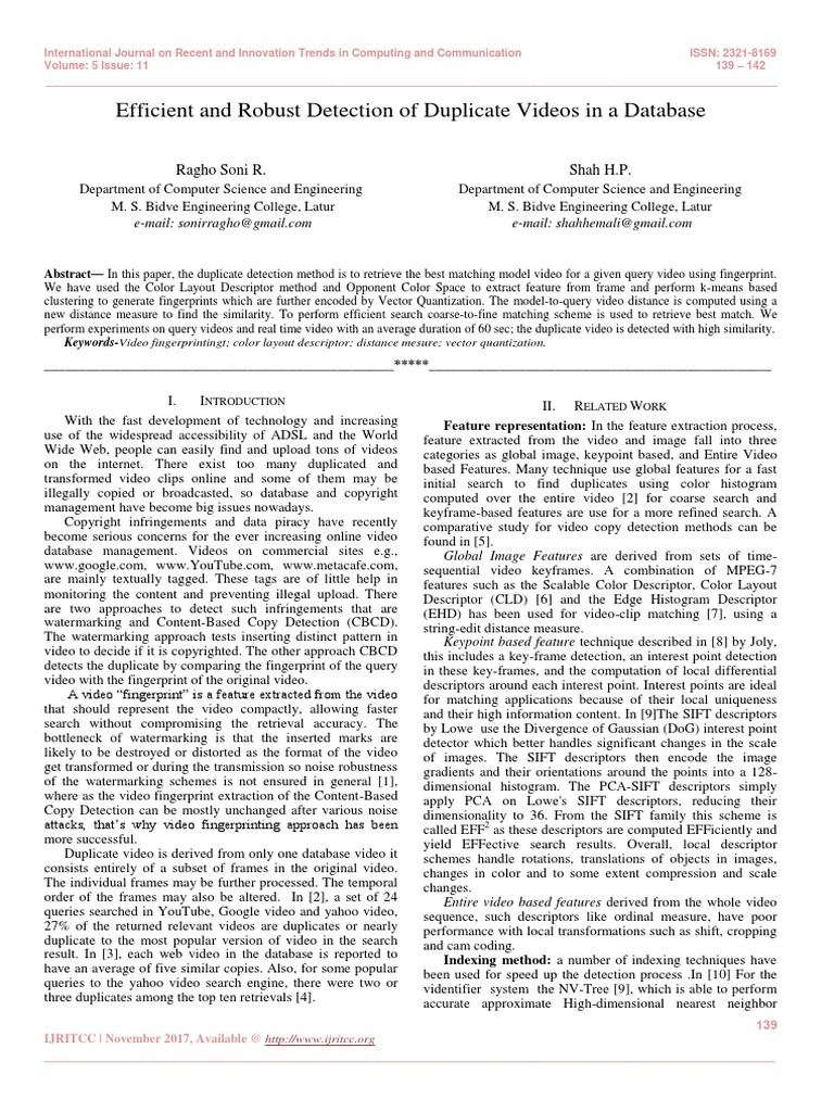 Efficient and Robust Detection of Duplicate Videos in A Database | PDF ...