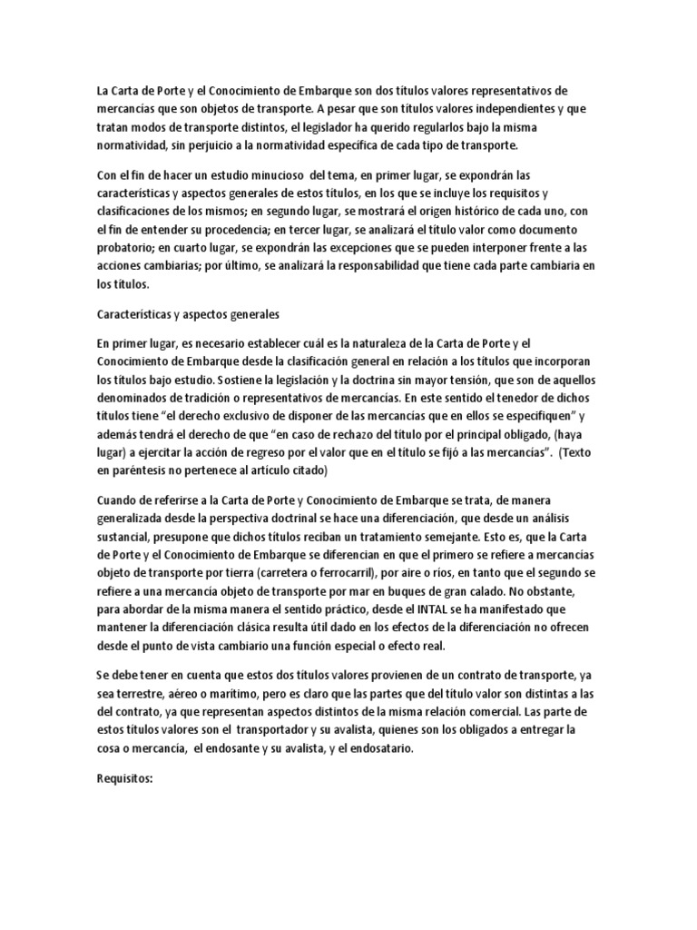 Carta de Porte y Conocimiento de Embarque II  Guía de carga  Pagos