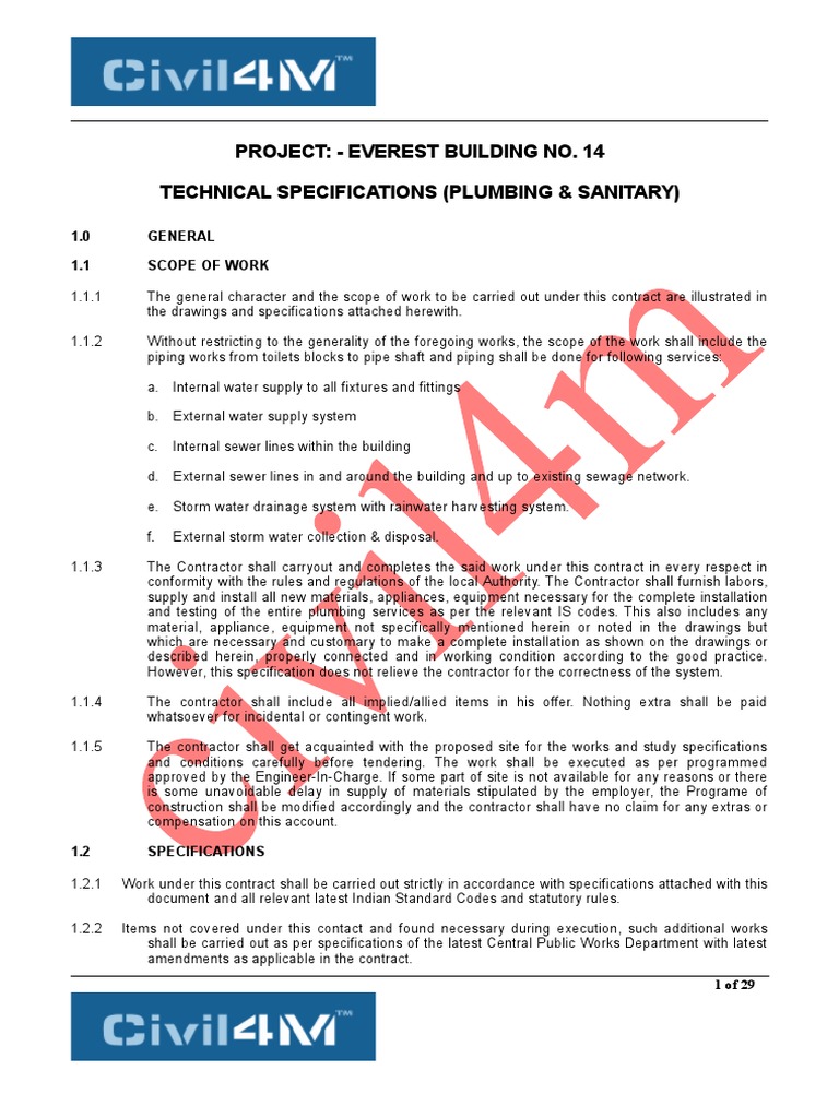 Technical Specifications For Plumbing And Sanitary Works For The