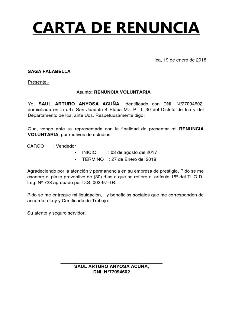 Carta de Renuncia Simple