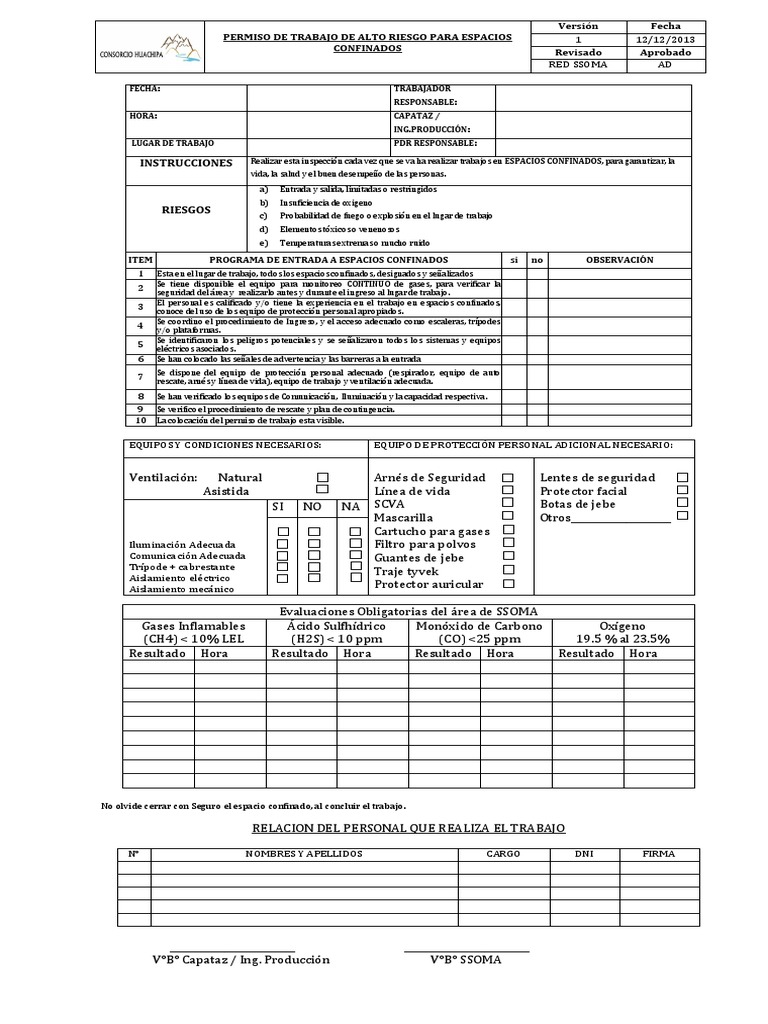 Formato de PTAR para Espacios Confinados | PDF | Carbón | Oxígeno