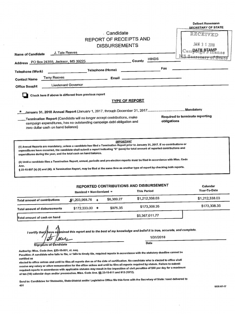 Tate Reeves 2018 Campaign Finance | PDF