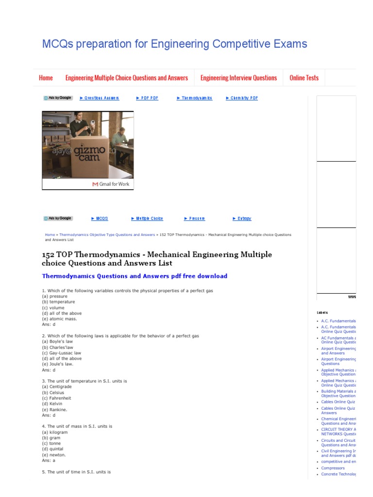 152 TOP Thermodynamics Mechanical Engineering Multiple Choice Questions ...
