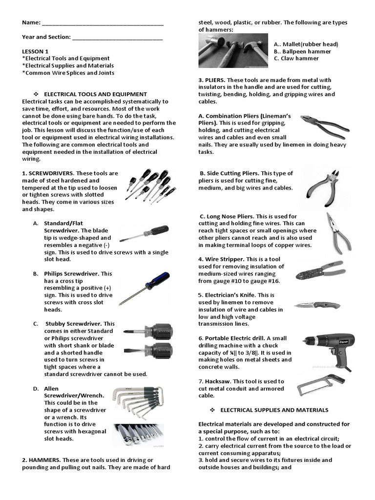 Grade 8 Electrical Tools Overview | PDF | Electrical Wiring | Ac Power ...