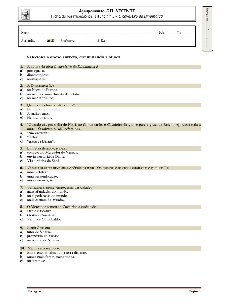 O Cavaleiro Da Dinamarca Ficha De Trabalho Com Soluções