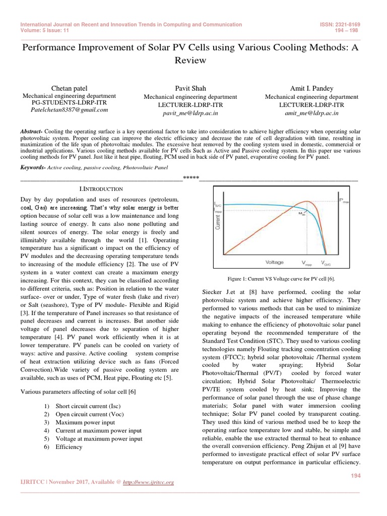 Performance Improvement of Solar PV Cells Using Various Cooling Methods ...