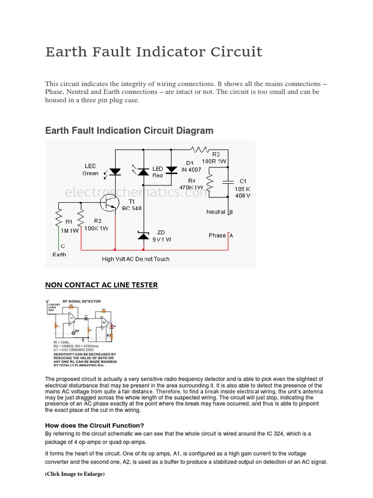 Earth fault indicator circuit and other electrical fault detector