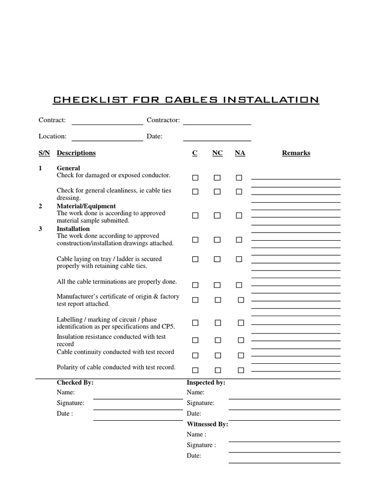 Cable Installation Checklist Guide | PDF