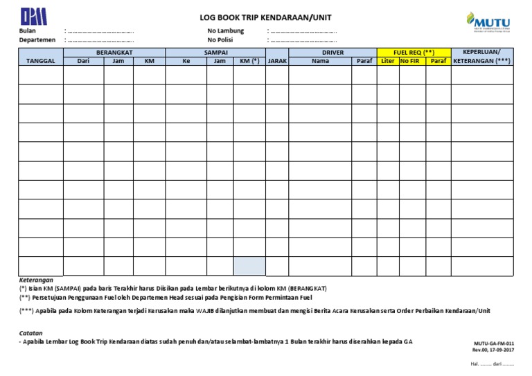 Log Book Trip Kendaraan