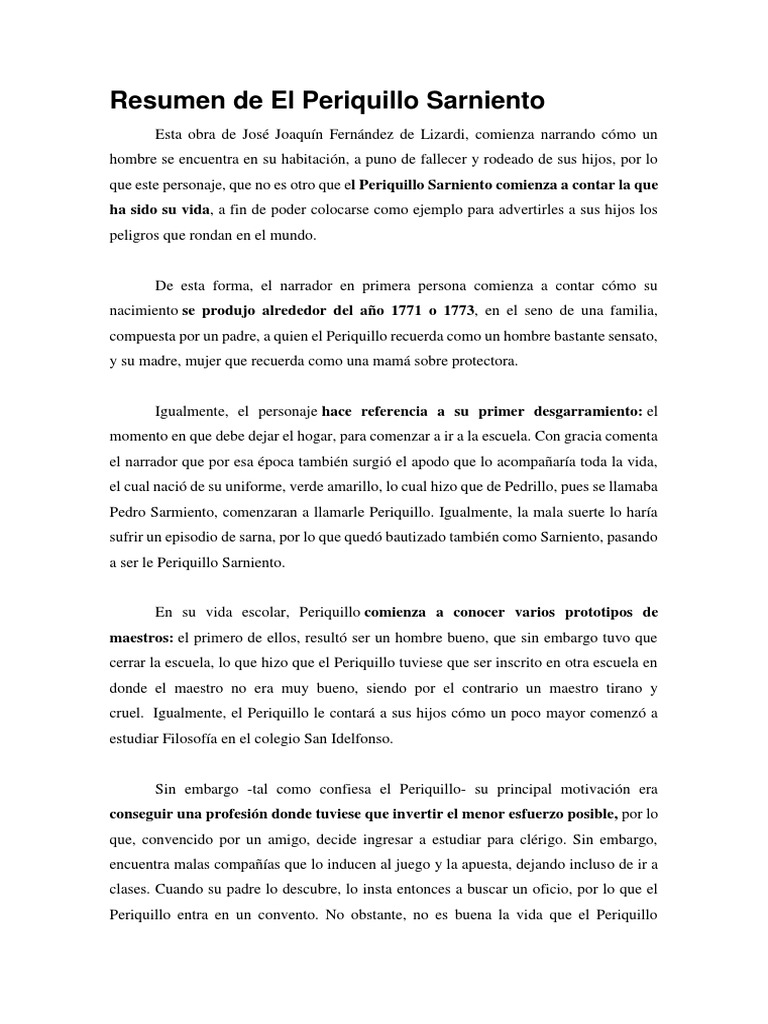 Resumen de El Periquillo Sarniento Word | Ficción y literatura | Prueba ...