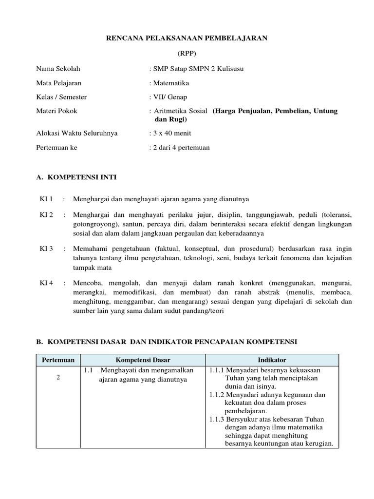 Rpp Aritmetika Sosial
