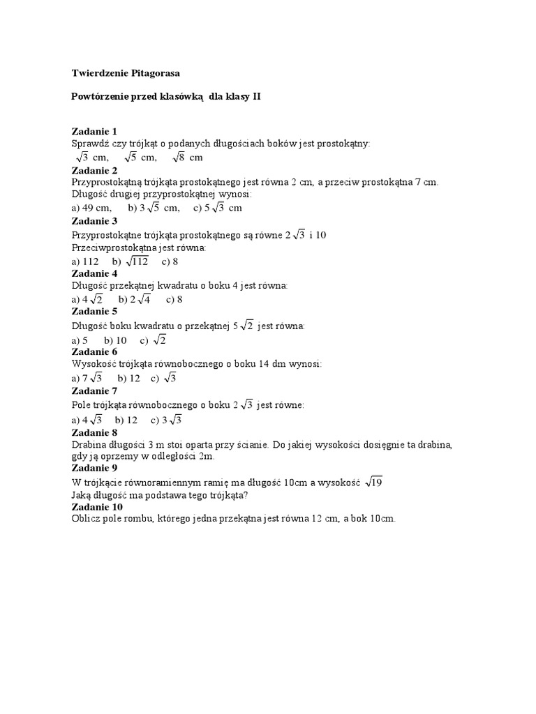 Twierdzenie Pitagorasa Sprawdzian Klasa 8 Pdf