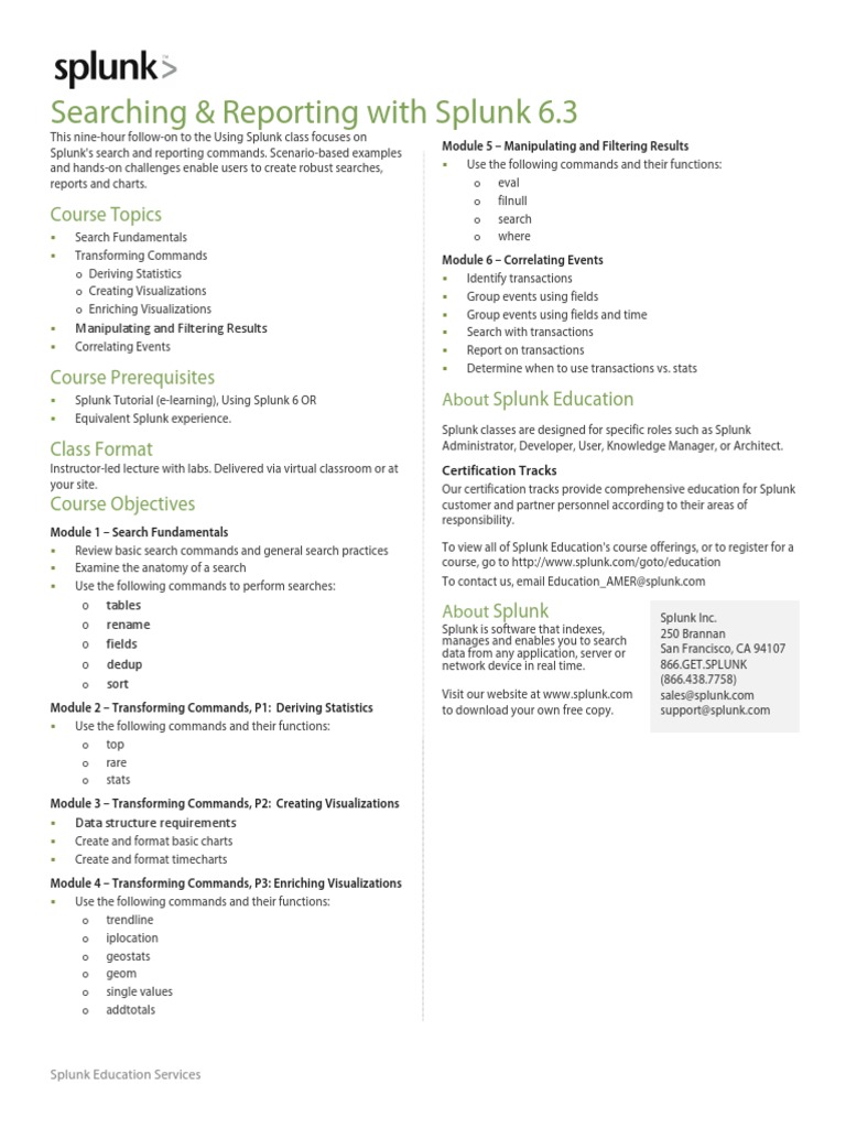 Splunk Search & Reporting Course Overview | PDF | Visualization ...