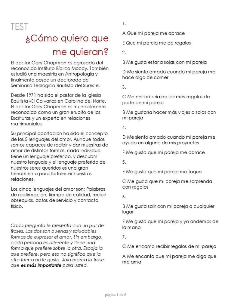 5 Lenguajes Del Amor - Examen | Amor