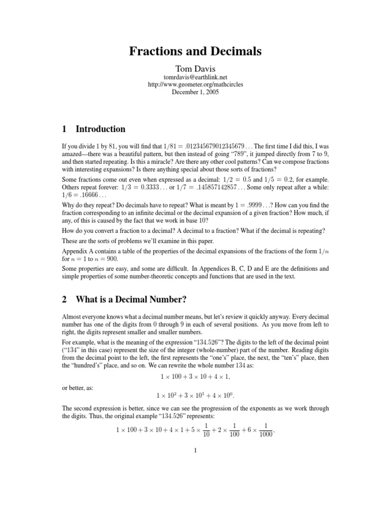 Understanding Fractions and Decimals | PDF | Decimal | Fraction ...