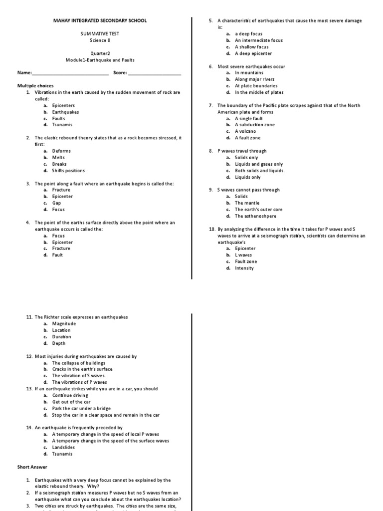 Earth Science Earth Quake Unit Test (1.1) Earthquakes Seismology
