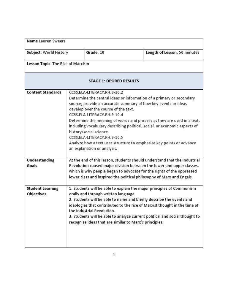 Lesson Plan 1 Communist Manifesto The Communist Manifesto Karl Marx