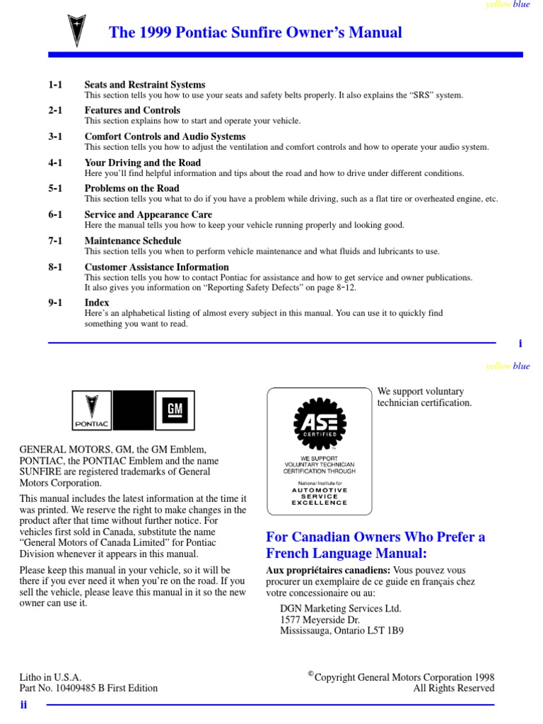 1999 Pontiac Sunfire Pdf Airbag Seat Belt