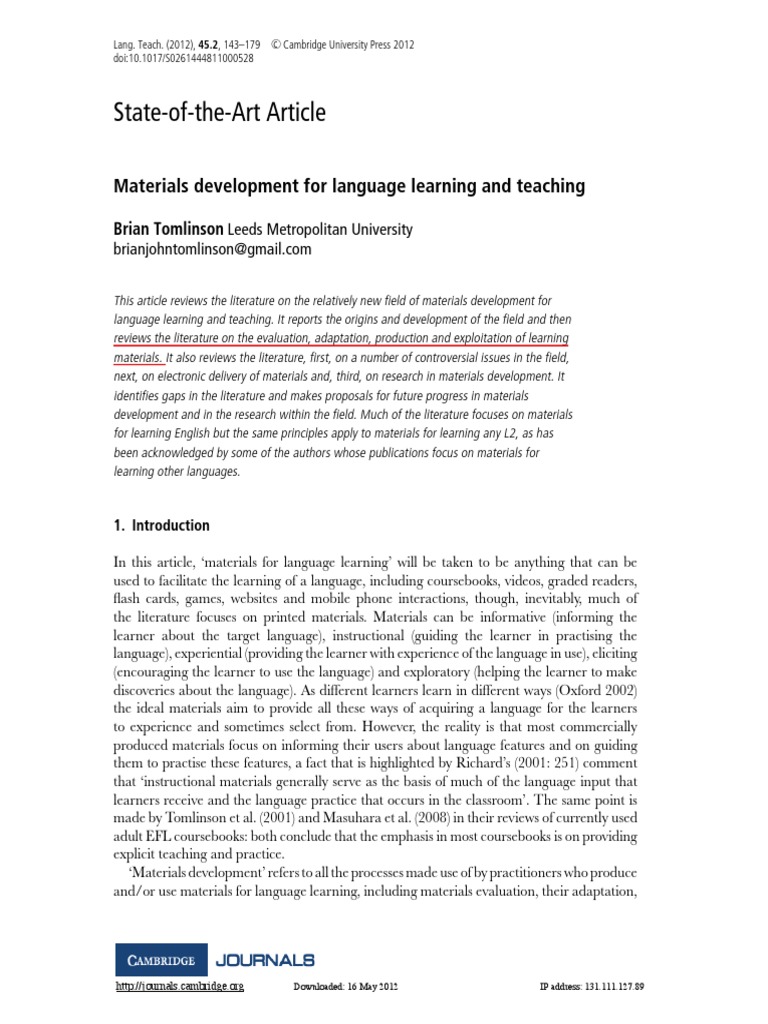 Tomlinson Materials Development 2012 | PDF | Textbook | Second Language ...