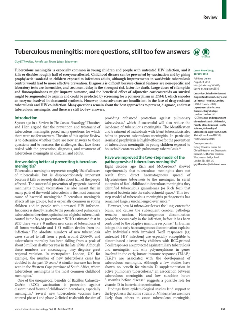 Tuberculous Meningitis: Challenges & Advances | PDF | Tuberculosis ...