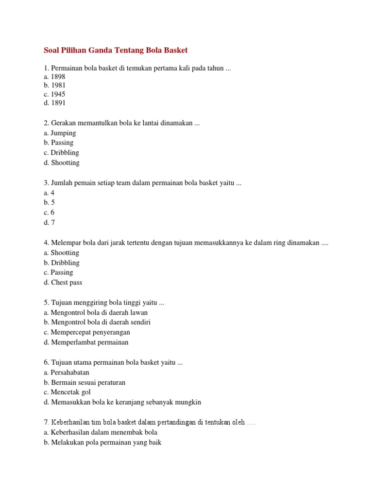 Soal Pilihan Ganda Bola Basket Guru Paud