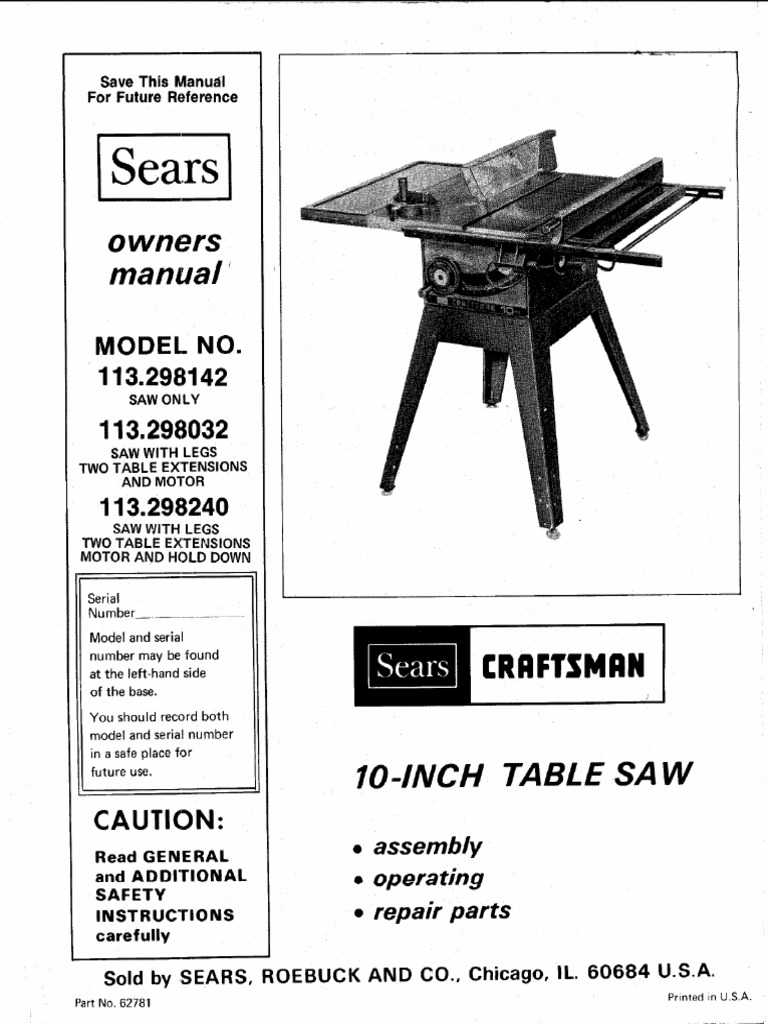 Craftsman Craftsman 10 Inch Table Saw OWNER MANUAL | Electrical