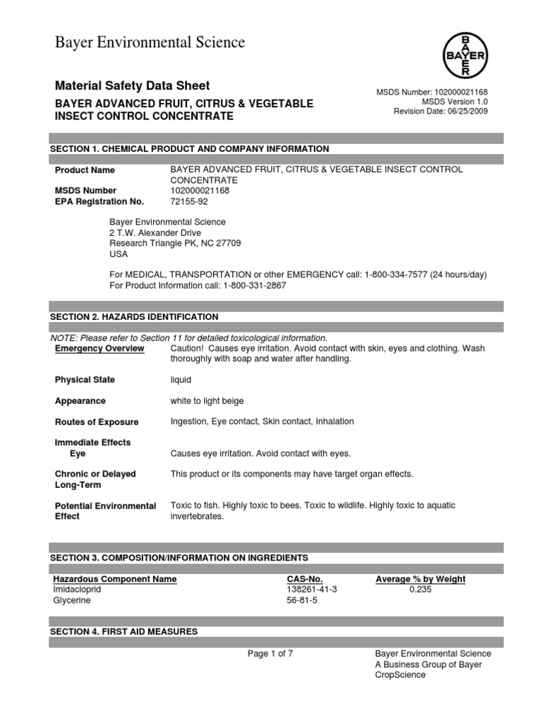 Safety Data Sheet for Bayer Advanced Fruit, Citrus & Vegetable Insect Control Concentrate PDF