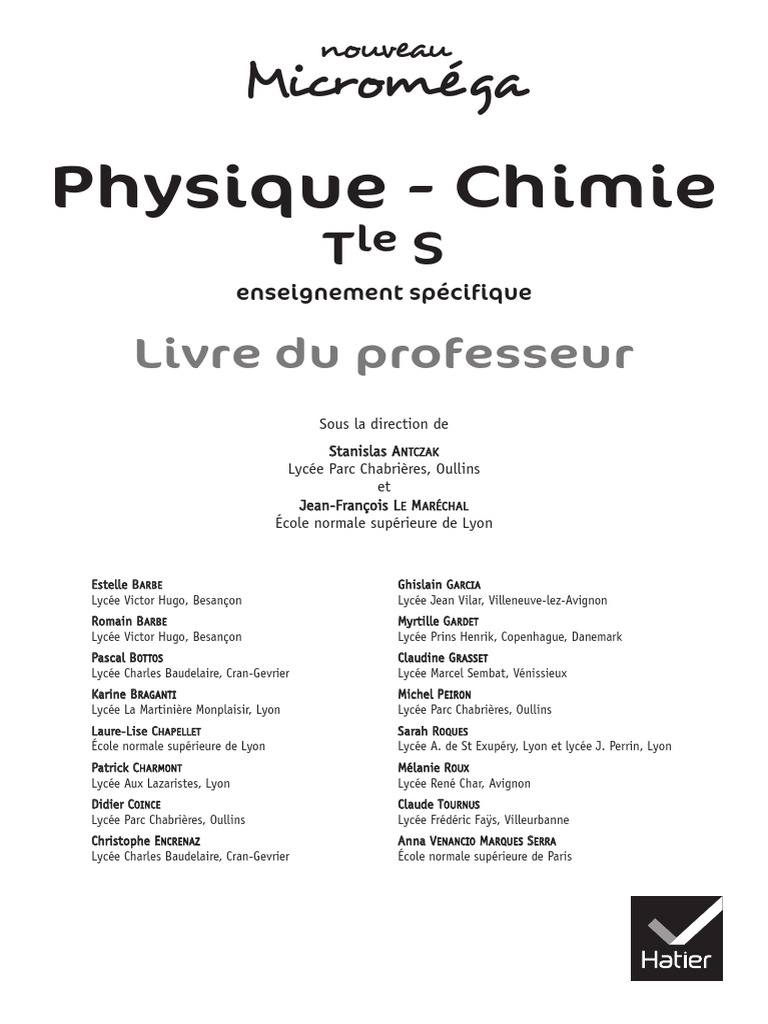 Manuel Enseignement Scientifique Terminale Hatier Physique - Chimie Tle S Enseignement Spécifique Livre Du Professeur | PDF |  Chiffre significatif | Expérience
