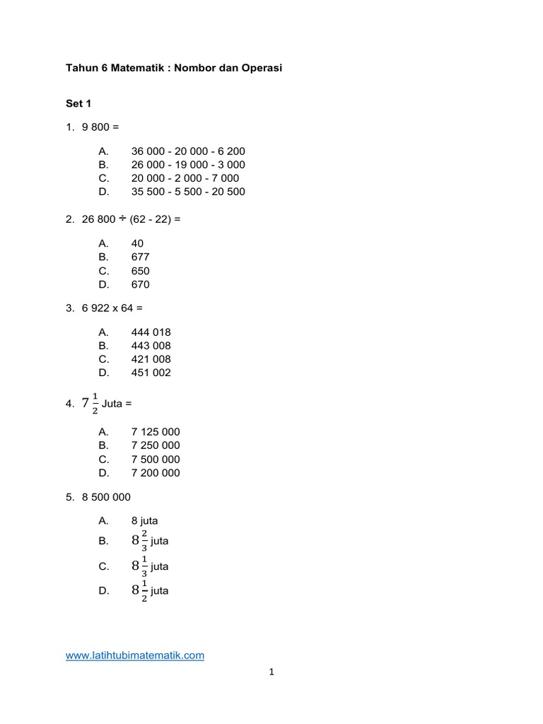 Tahun 6 Nombor Dan Operasi Set 1 Pdf