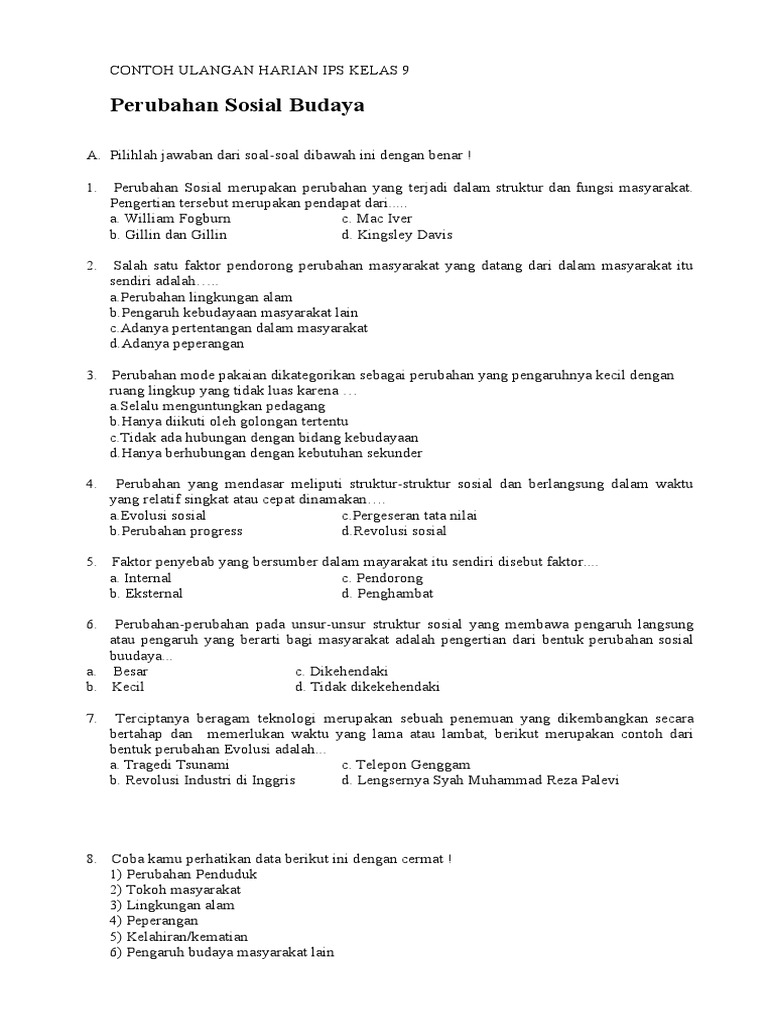 Uh Ips 9 Perubahan Sosial Budaya
