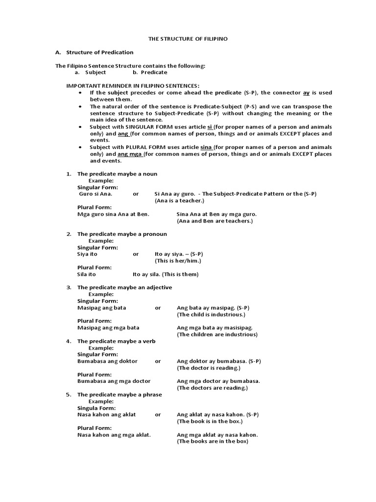 The Structure of Filipino | PDF | Grammatical Number | Predicate (Grammar)