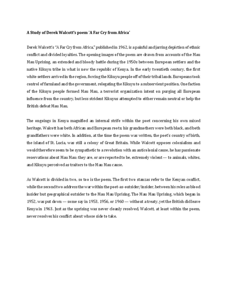 A Study of Derek Walcott's Poem 'A Far Cry From Africa' | PDF | Kenya ...