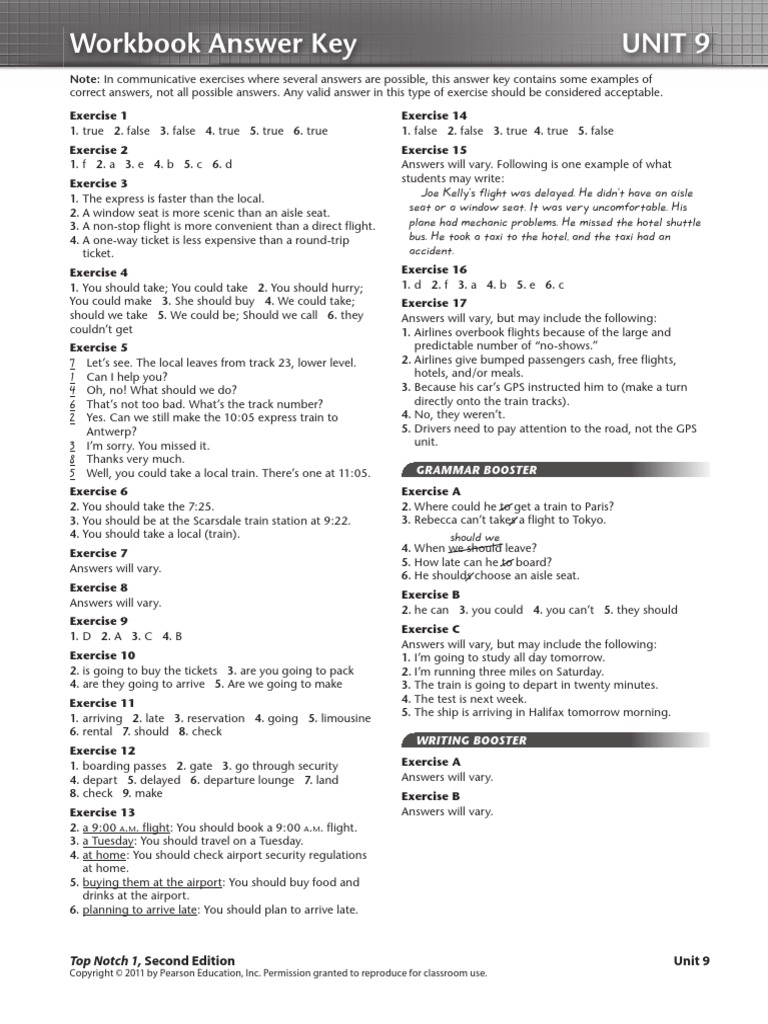 Workbook Answer Key Unit 9: Top Notch 1, Second Edition | PDF ...