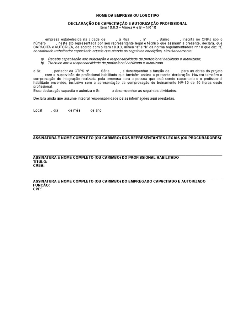 Declaracao de Capacitacao e Autorizacao Profissional