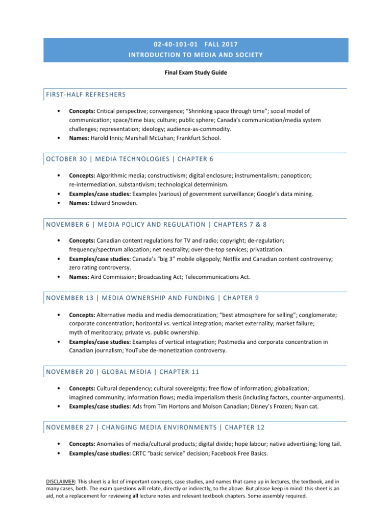 024010101 FALL 2017 Introduction To Media and Society Final Exam