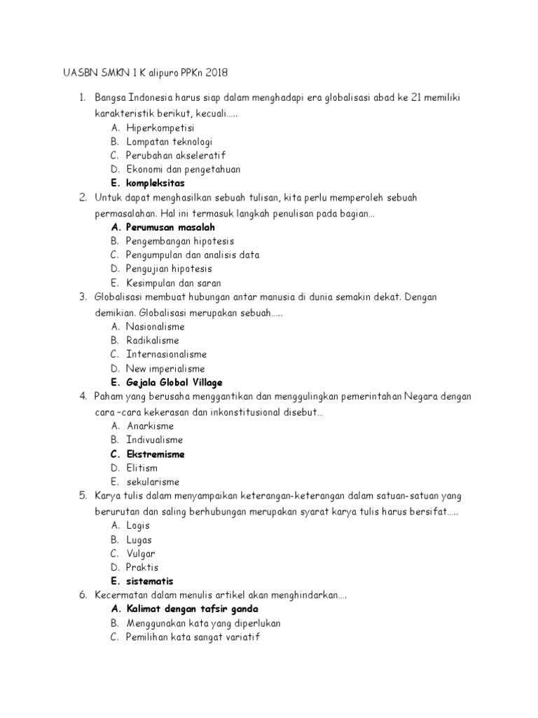 Soal Ppkn USBN SMKN 1 K Alipuro 2018