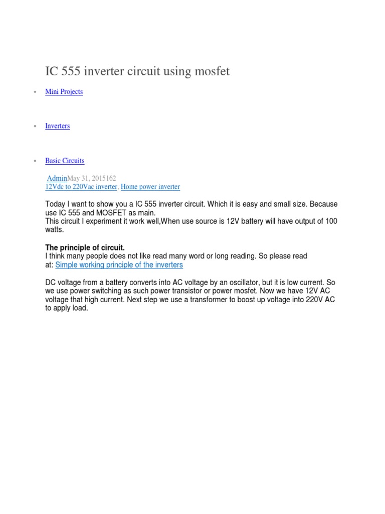IC 555 Inverter Circuit Using Mosfet | PDF | Power Inverter ...