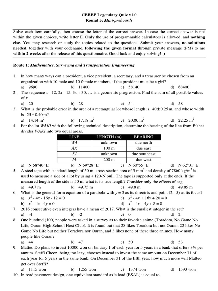 CEBEP Quiz: Engineering & Math Problems | PDF | Stress (Mechanics ...