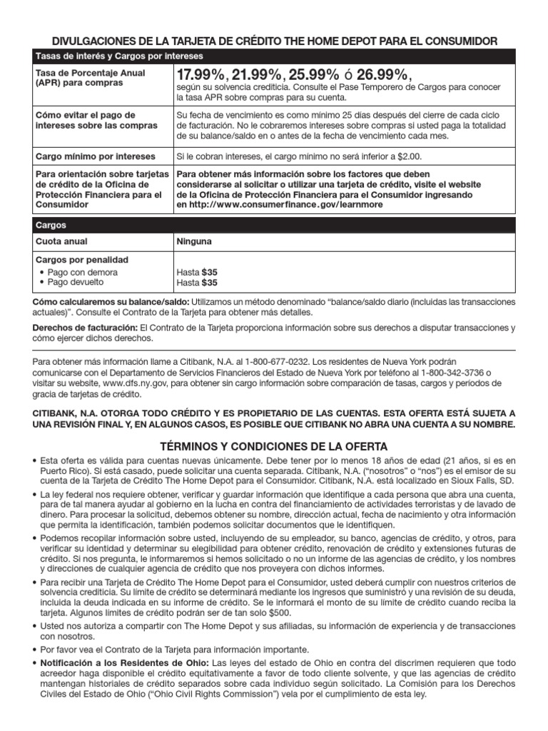Home Depot Contrato Y Terminos Consumer Credit Card Citibank Interes