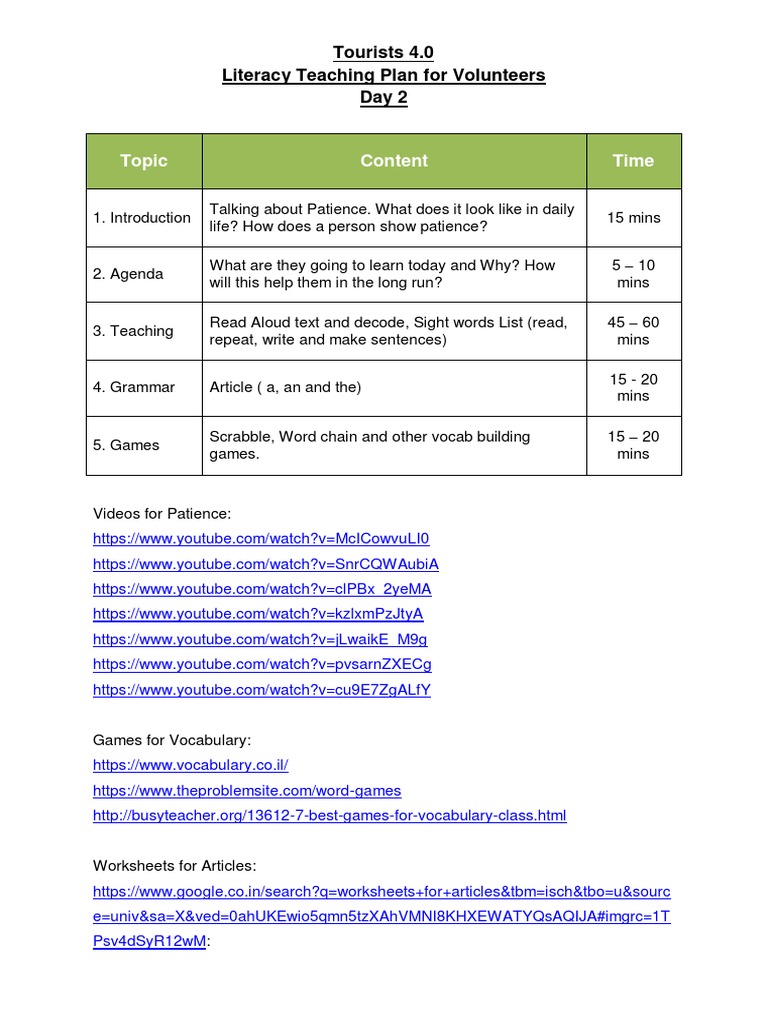 Literacy Teaching Plan for Volunteers | PDF