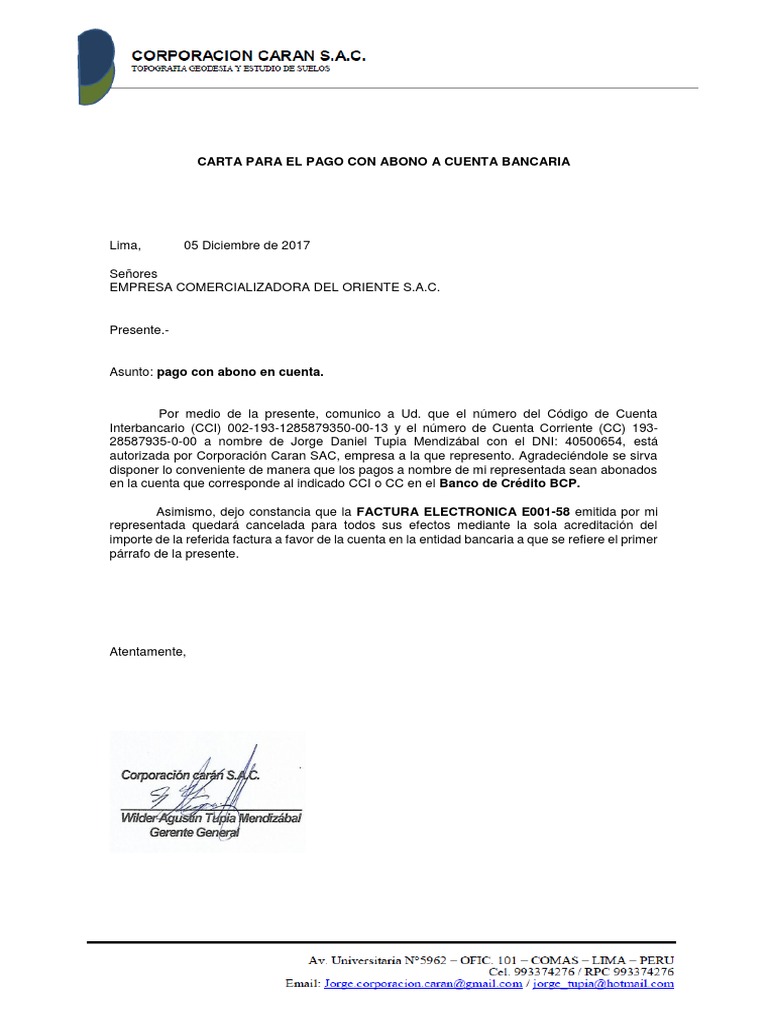 Carta de Pago Factura Electronica E001-58 | PDF | Servicios (economía) |  Bancos