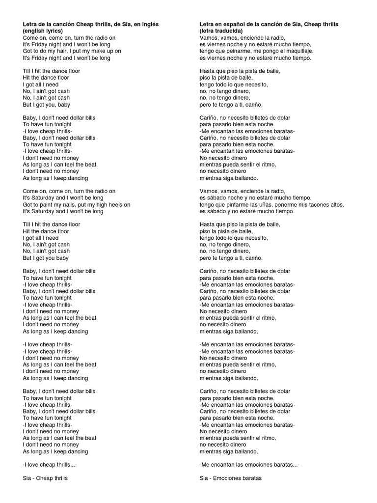 Letra de La Canción Cheap Thrills PDF Música pop Música grabada