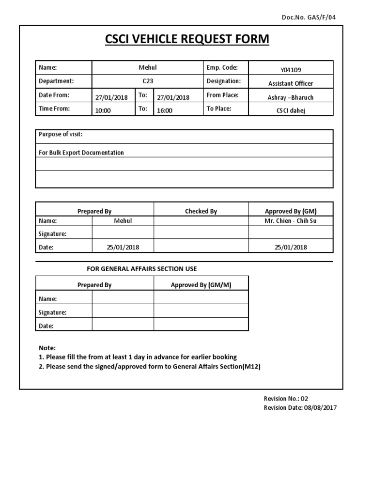 CSCI Vehicle Request Form Template | PDF