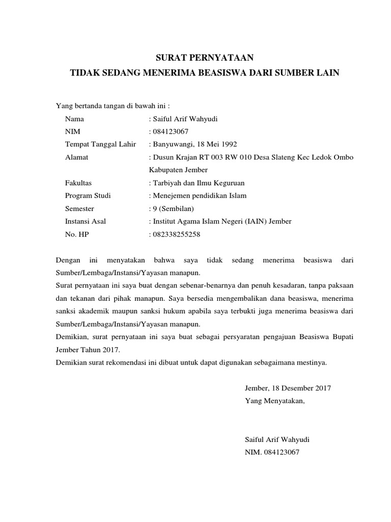 Contoh Surat Pernyataan Tidak Sedang Menerima Beasiswa Lain