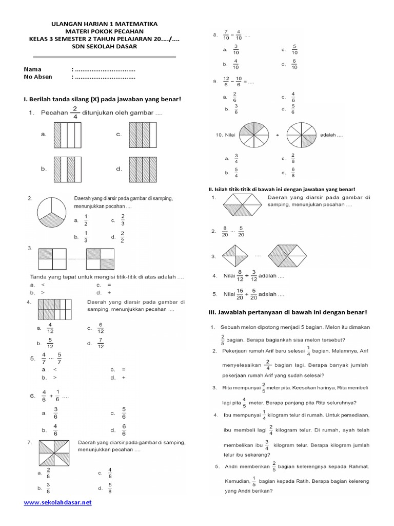 Soal Matematika Kelas 3 Semester 2 Pecahan Pdf