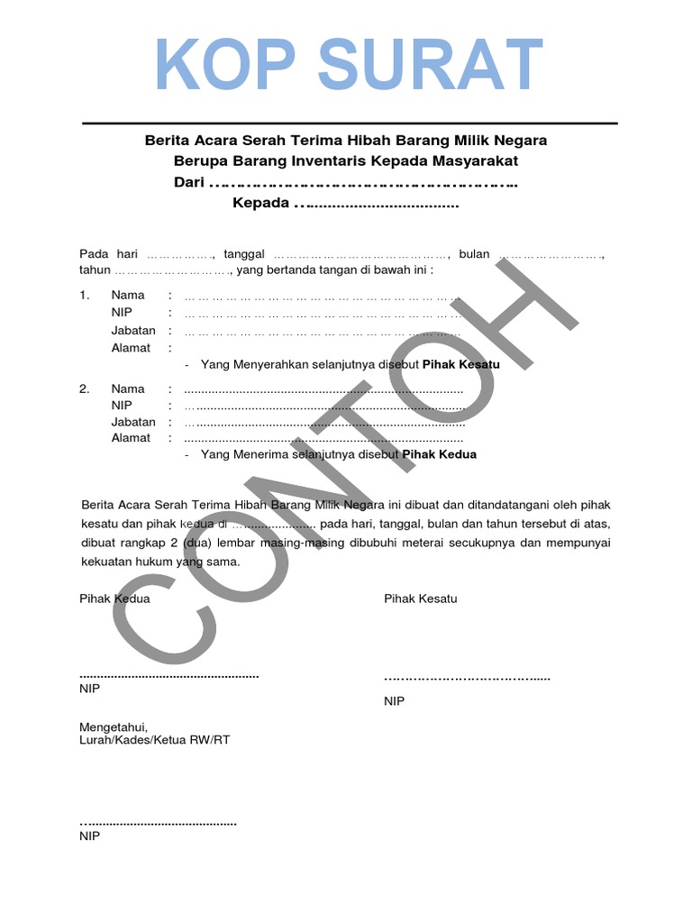 Contoh Surat Hibah Barang Inventaris